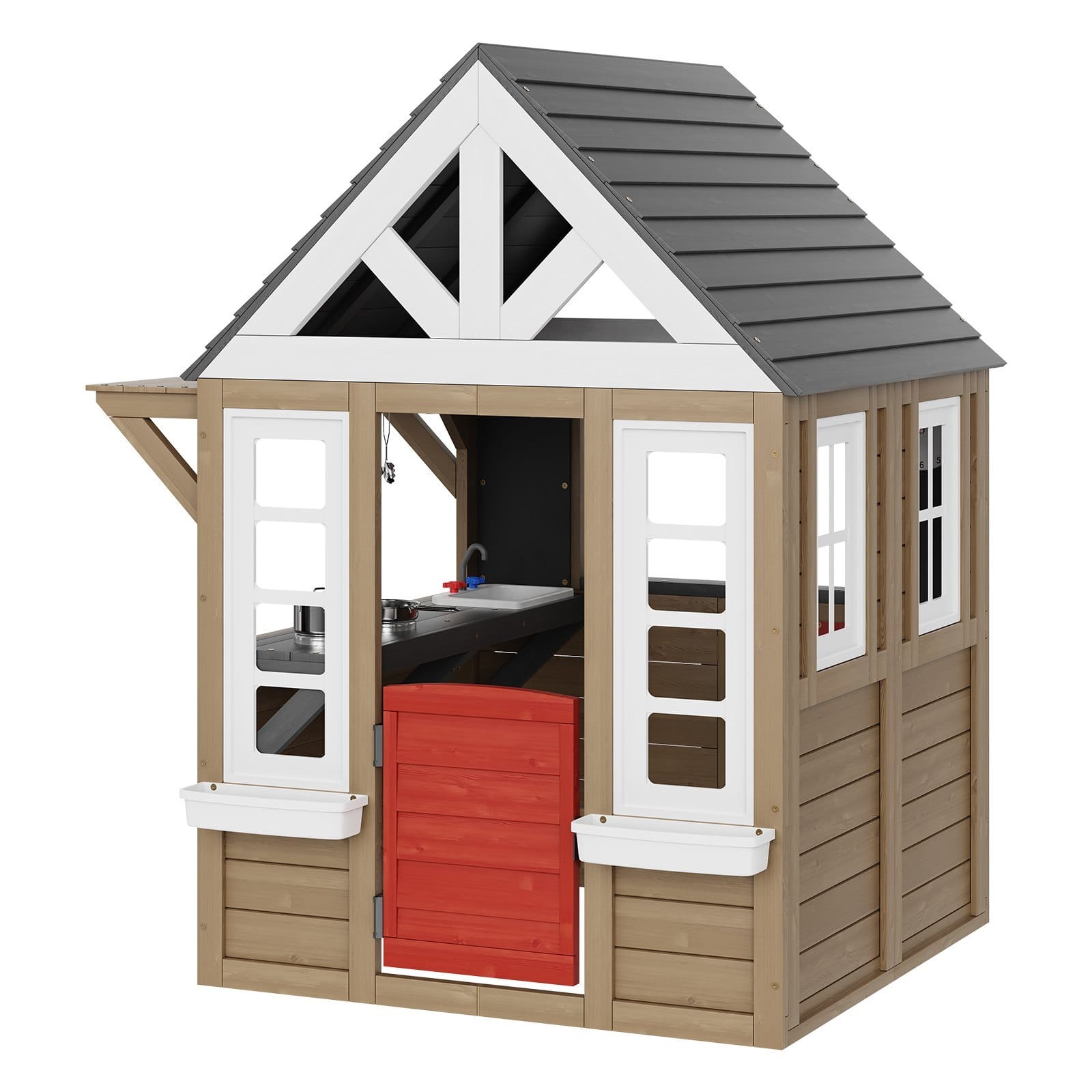 Outdoor Wooden Playhouse, Modern Cedar Playhouse for Age 2-10 Years Kids, Garden Games Cottage, Country Style Cedar Playhouse with Working Door, Window, Flower Pot Holder, Grill, Stove, and Sink