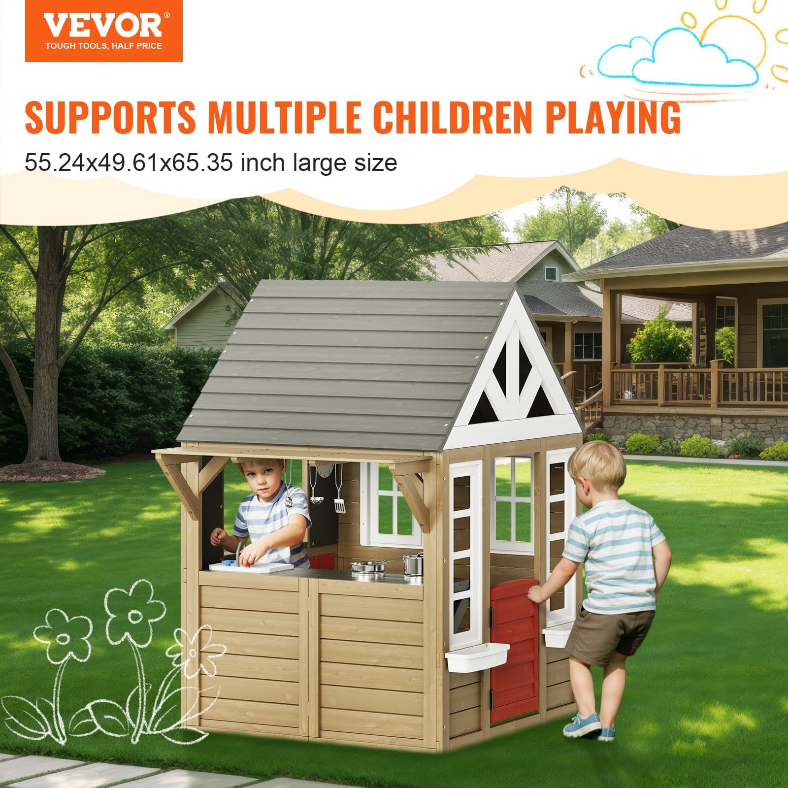 Outdoor Wooden Playhouse, Modern Cedar Playhouse for Age 2-10 Years Kids, Garden Games Cottage, Country Style Cedar Playhouse with Working Door, Window, Flower Pot Holder, Grill, Stove, and Sink