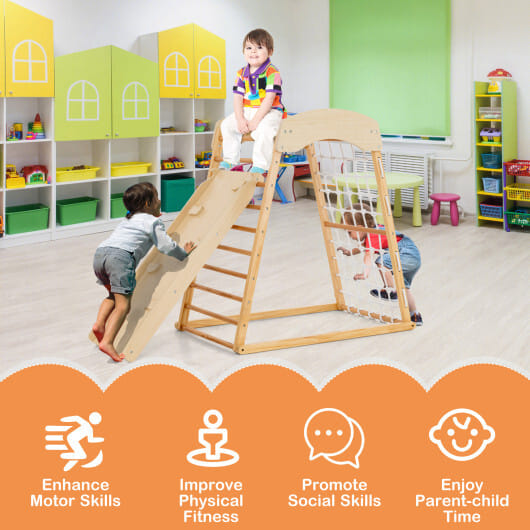 6-in-1 Jungle Gym Wooden Indoor Playground with Double-Sided Ramp and Monkey Bars-Multicolor