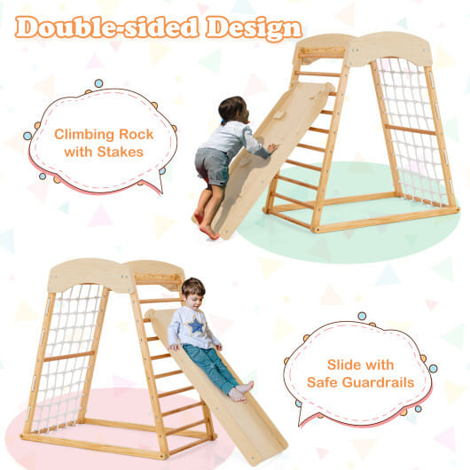 6-in-1 Jungle Gym Wooden Indoor Playground with Double-Sided Ramp and Monkey Bars-Multicolor
