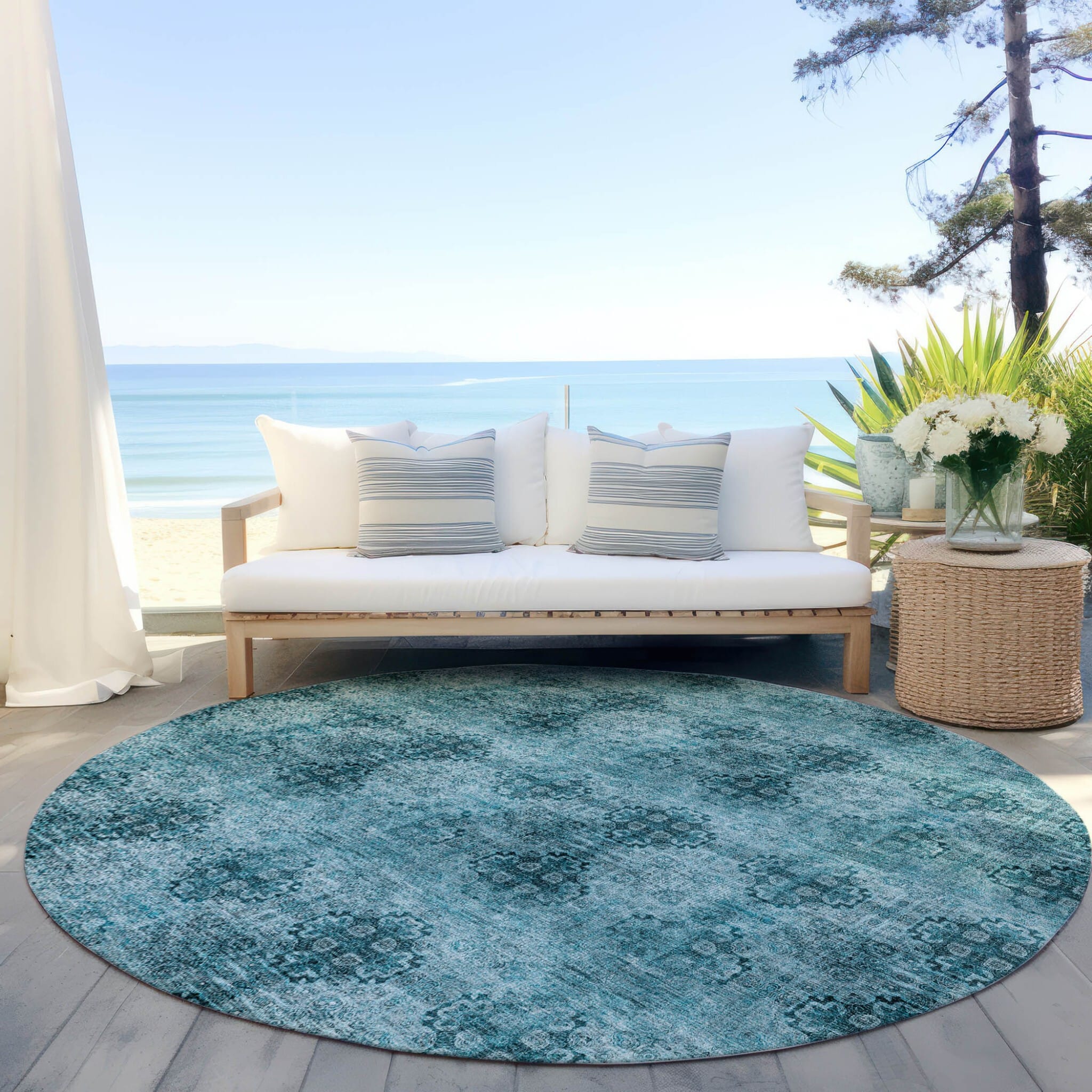 8' X 8' Teal Round Floral Medallion Washable Non Skid Indoor Outdoor Area Rug