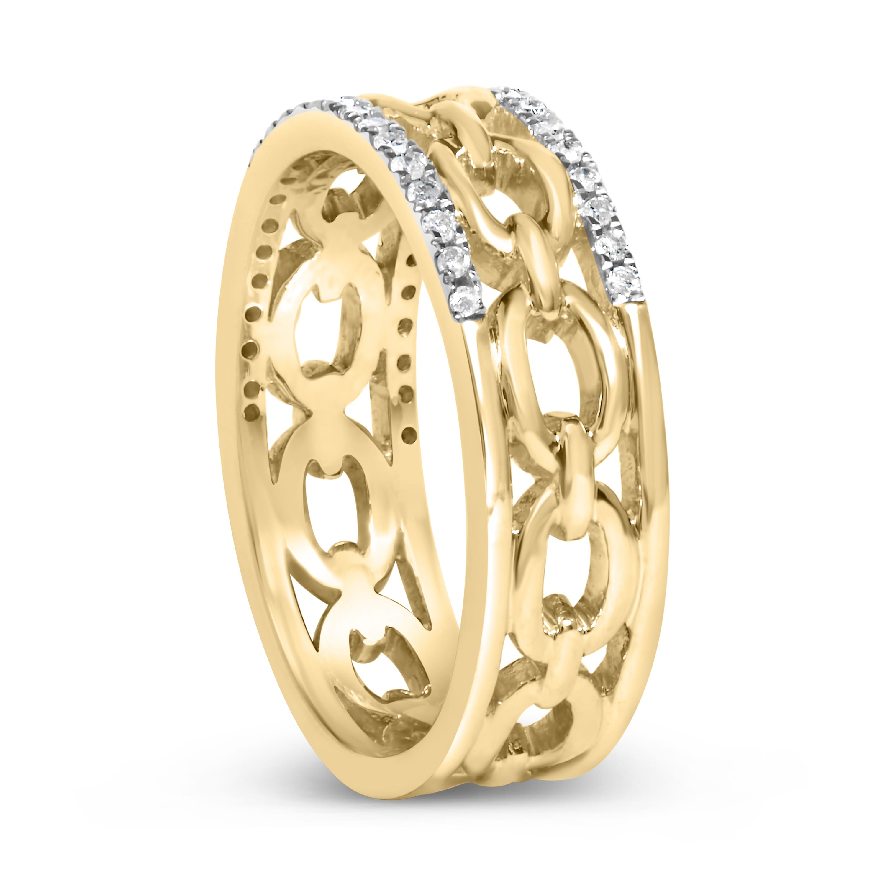 10K Yellow Gold 1/5 Cttw Diamond Two Row Cuban Link Ring (I-J Color, I2-I3 Clarity) - Size 9