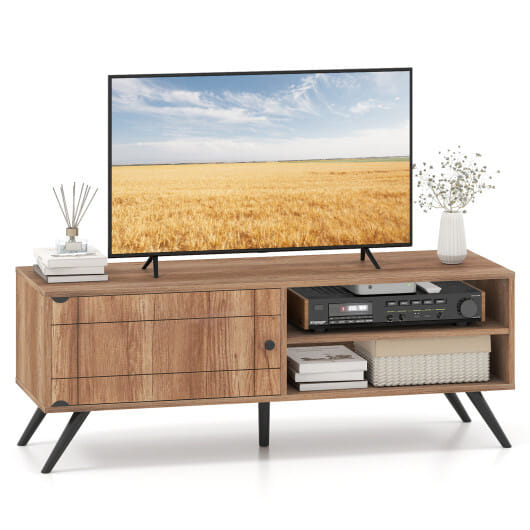 TV Stand for TVs up to 55 Inch Mid Century Modern Entertainment Center with Storage Cabinet-Oak - Color: Oak