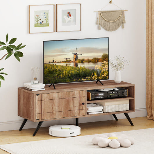 TV Stand for TVs up to 55 Inch Mid Century Modern Entertainment Center with Storage Cabinet-Oak - Color: Oak