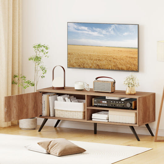 TV Stand for TVs up to 55 Inch Mid Century Modern Entertainment Center with Storage Cabinet-Oak - Color: Oak