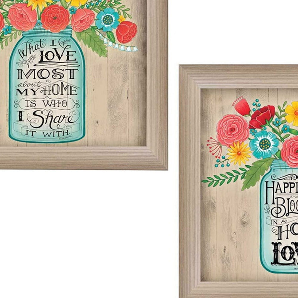 Set Of Two Mason Jar Floral Happiness at Home Brown Framed Print Wall Art