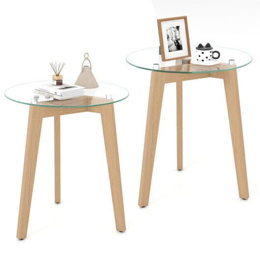 Tempered Glass End Table Round with Solid Rubber Wood Structure-Set of 2 - Color: Natural - Size: Set of 2