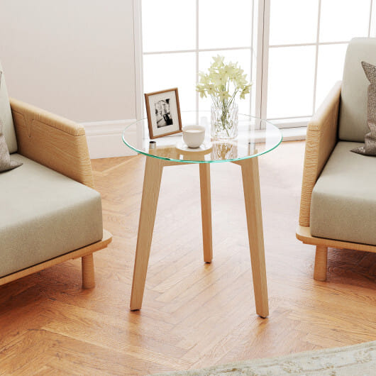 Tempered Glass End Table Round with Solid Rubber Wood Structure-Set of 2 - Color: Natural - Size: Set of 2