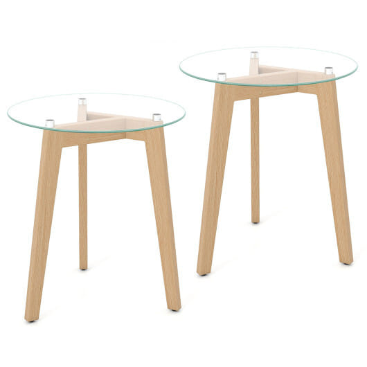 Tempered Glass End Table Round with Solid Rubber Wood Structure-Set of 2 - Color: Natural - Size: Set of 2