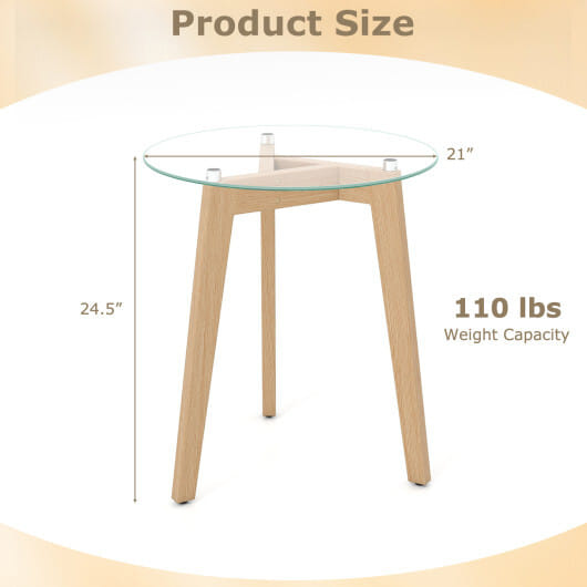 Tempered Glass End Table Round with Solid Rubber Wood Structure-Set of 2 - Color: Natural - Size: Set of 2