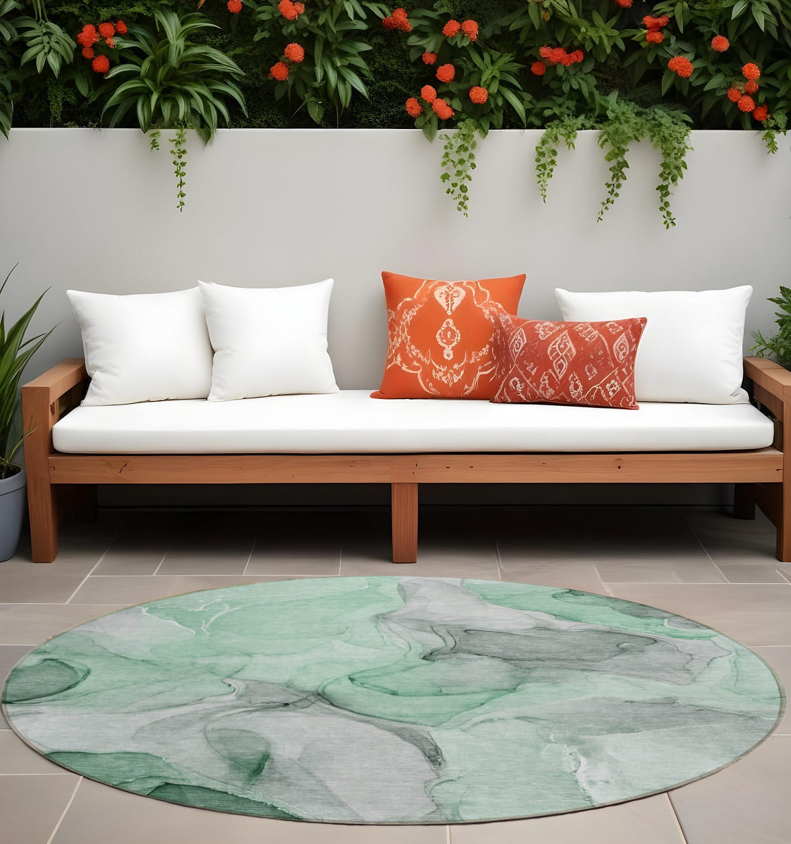 8' Round Green Round Abstract Washable Non Skid Indoor Outdoor Area Rug