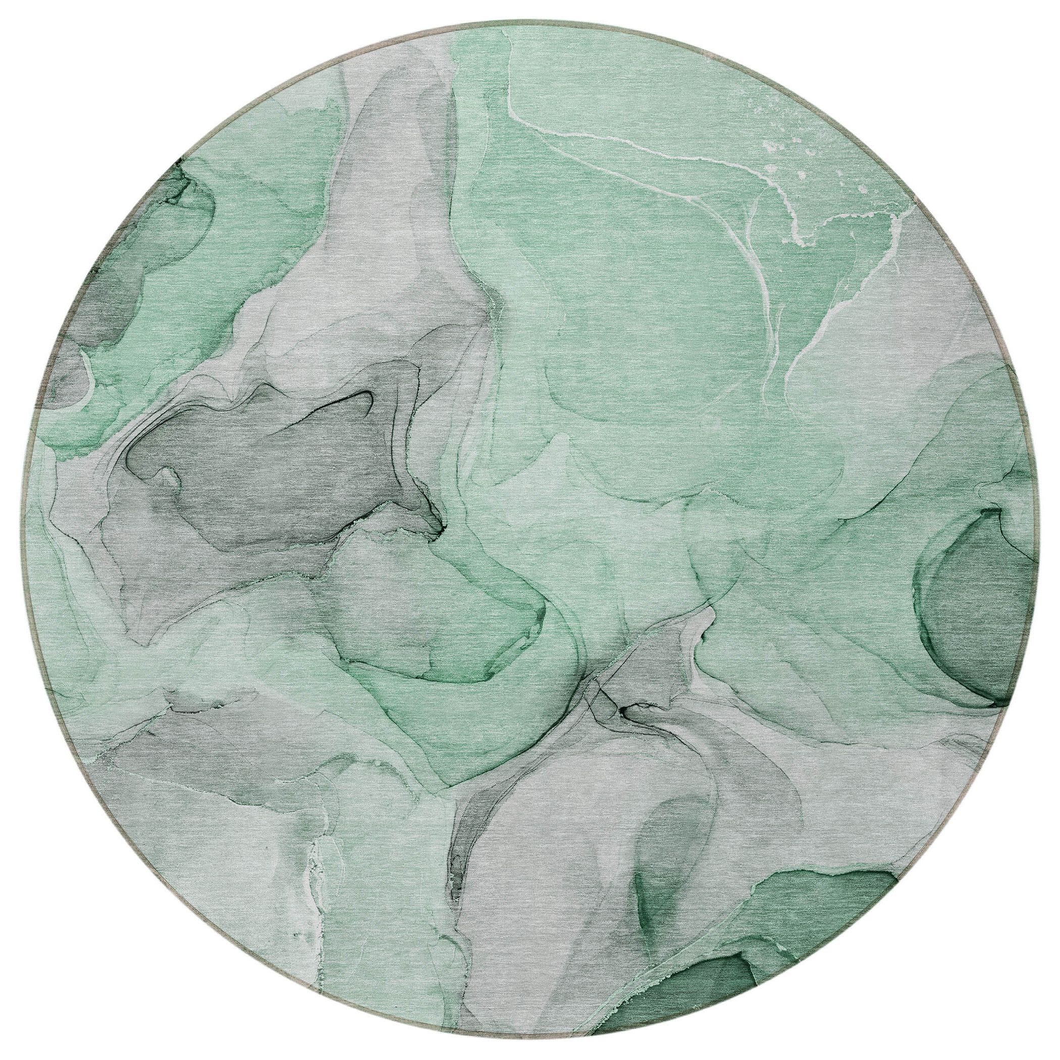 8' Round Green Round Abstract Washable Non Skid Indoor Outdoor Area Rug