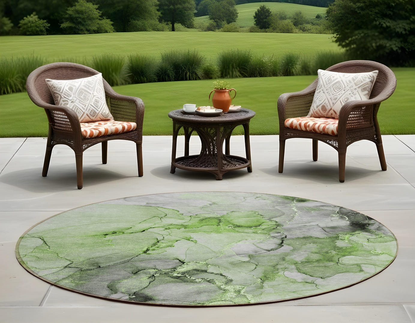 8' Round Green Round Abstract Washable Non Skid Indoor Outdoor Area Rug