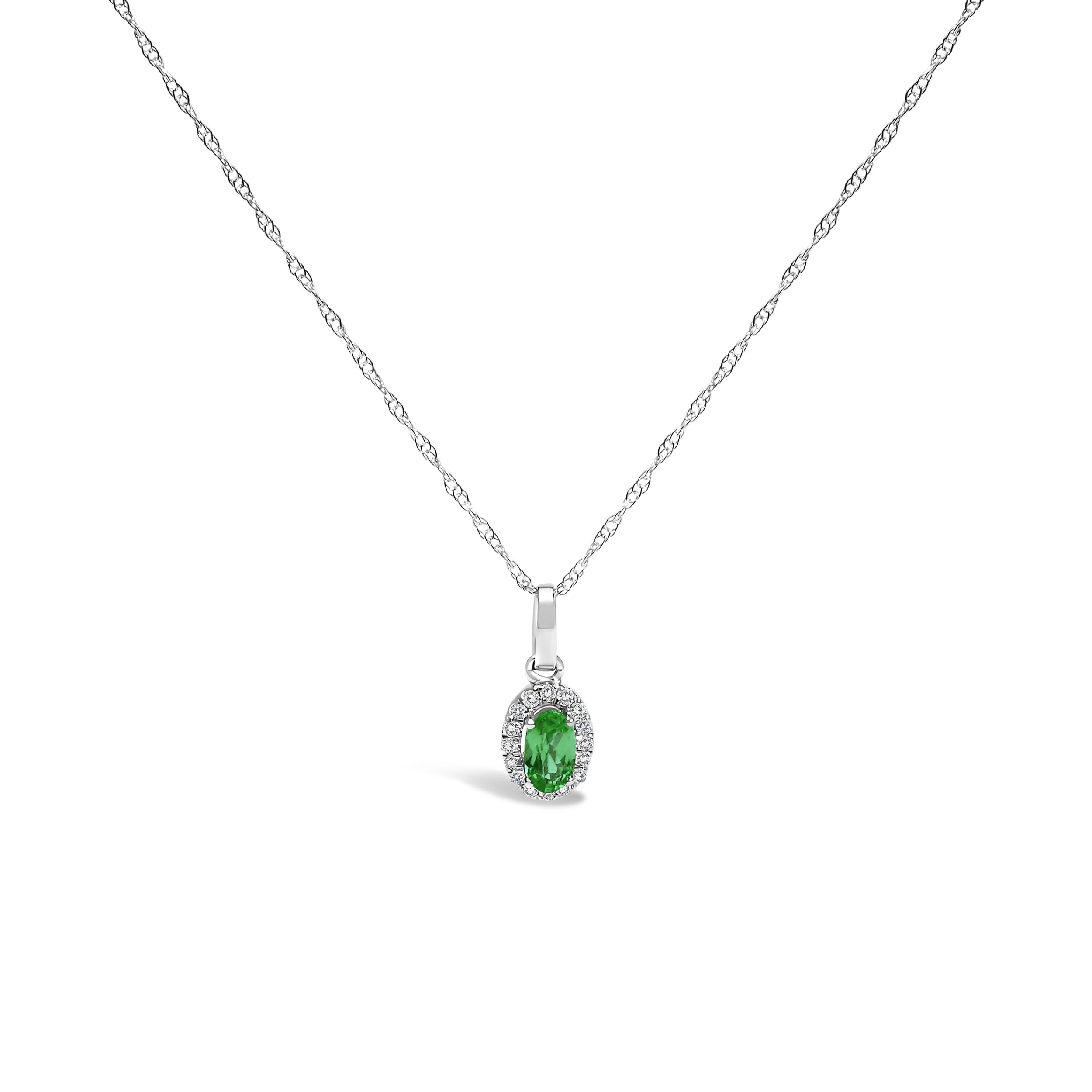 10K White Gold 5x3mm Green Emerald and Diamond Accent Halo Oval Shape 18" Pendant Necklace (I-J Color, I1-I2 Clarity)