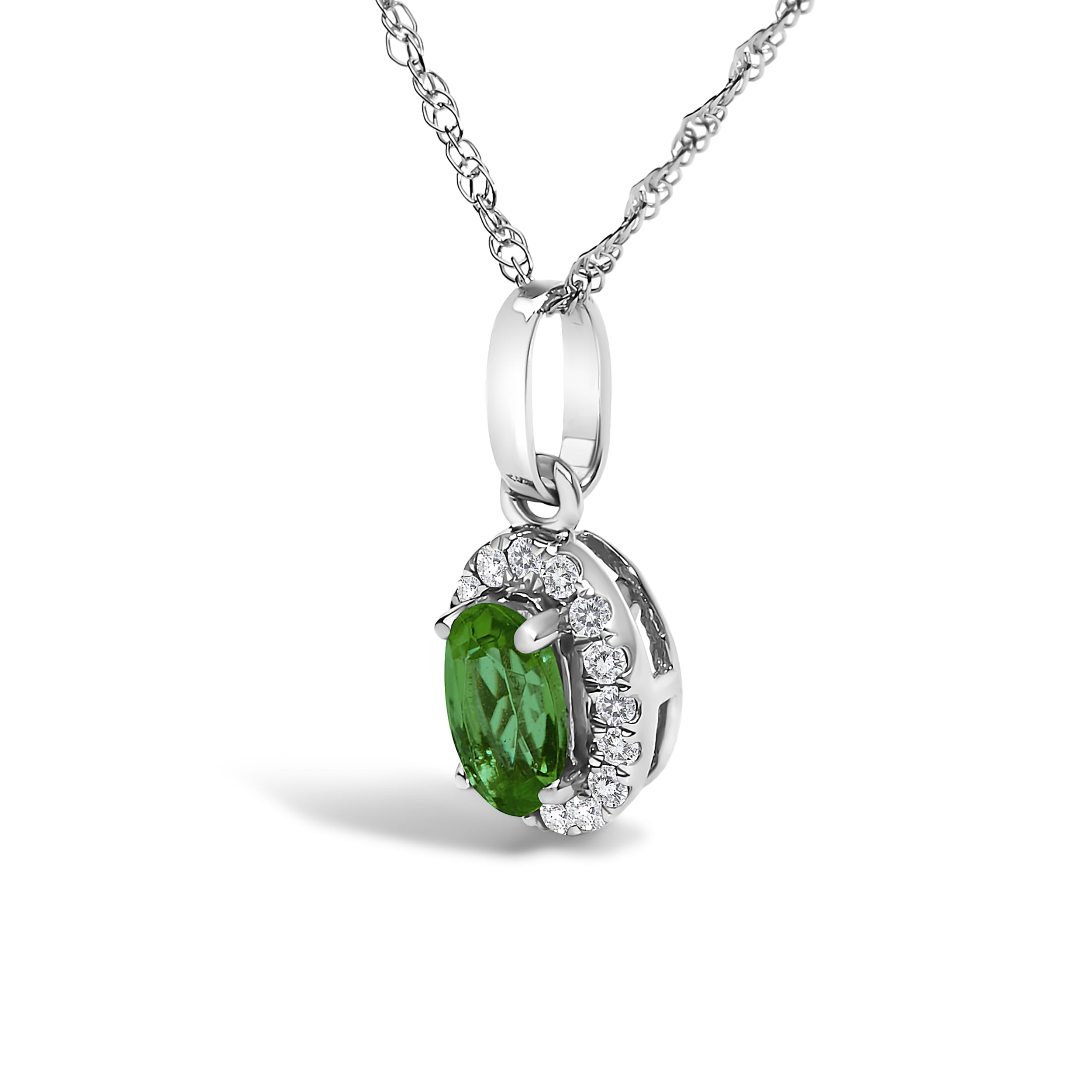 10K White Gold 5x3mm Green Emerald and Diamond Accent Halo Oval Shape 18" Pendant Necklace (I-J Color, I1-I2 Clarity)