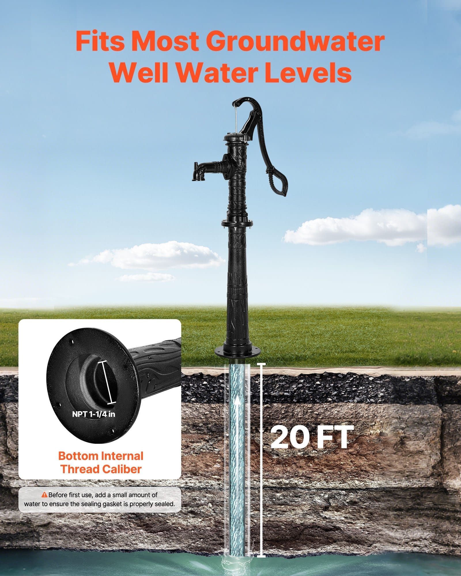 Well Hand Pitcher Pump, 20 ft Max Lift, Antique Cast Iron Manual Hand Water Pump with Heightening Base, NPT 1-1/4 in Connection, Easy Installation, for Outdoor Garden, Pond, Yard, Farm, Black