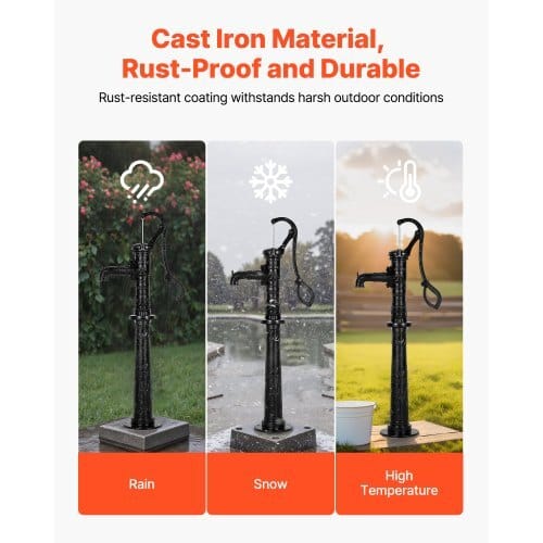 Well Hand Pitcher Pump, 20 ft Max Lift, Antique Cast Iron Manual Hand Water Pump with Heightening Base, NPT 1-1/4 in Connection, Easy Installation, for Outdoor Garden, Pond, Yard, Farm, Black