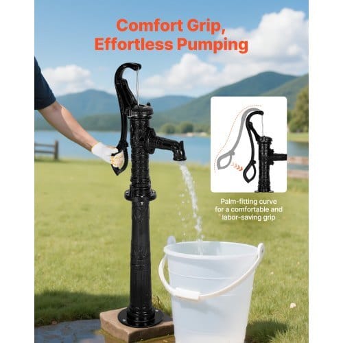 Well Hand Pitcher Pump, 20 ft Max Lift, Antique Cast Iron Manual Hand Water Pump with Heightening Base, NPT 1-1/4 in Connection, Easy Installation, for Outdoor Garden, Pond, Yard, Farm, Black