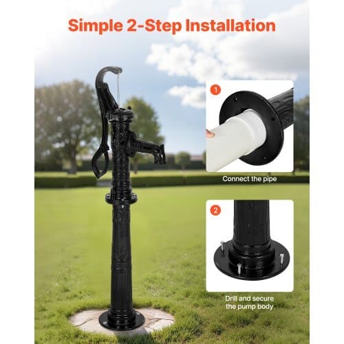 Well Hand Pitcher Pump, 20 ft Max Lift, Antique Cast Iron Manual Hand Water Pump with Heightening Base, NPT 1-1/4 in Connection, Easy Installation, for Outdoor Garden, Pond, Yard, Farm, Black