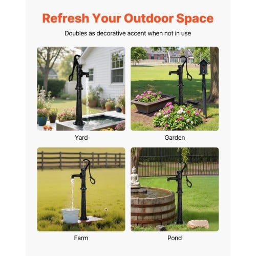 Well Hand Pitcher Pump, 20 ft Max Lift, Antique Cast Iron Manual Hand Water Pump with Heightening Base, NPT 1-1/4 in Connection, Easy Installation, for Outdoor Garden, Pond, Yard, Farm, Black