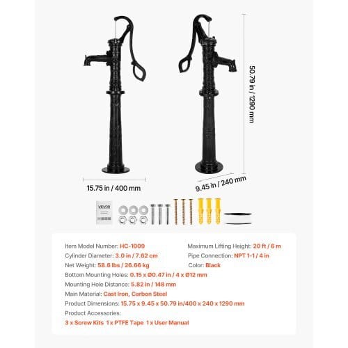 Well Hand Pitcher Pump, 20 ft Max Lift, Antique Cast Iron Manual Hand Water Pump with Heightening Base, NPT 1-1/4 in Connection, Easy Installation, for Outdoor Garden, Pond, Yard, Farm, Black