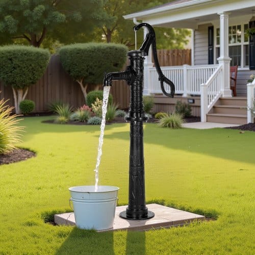 Well Hand Pitcher Pump, 20 ft Max Lift, Antique Cast Iron Manual Hand Water Pump with Heightening Base, NPT 1-1/4 in Connection, Easy Installation, for Outdoor Garden, Pond, Yard, Farm, Black