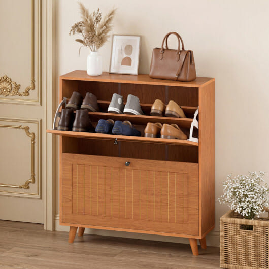 Narrow Shoe Cabinet with Adjustable and Removable Shelves for Entryway Foyer-Oak