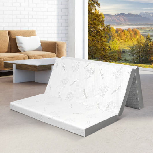 4 Inch Tri-fold Cooling Gel Memory Foam Mattress-Queen Size - Color: White - Size: Queen Size