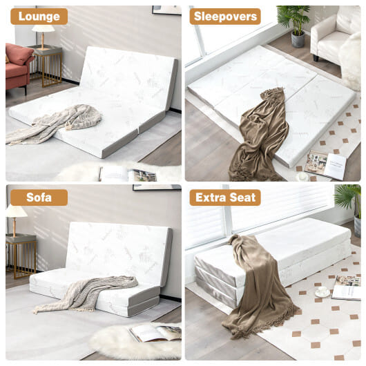 4 Inch Tri-fold Cooling Gel Memory Foam Mattress-Queen Size - Color: White - Size: Queen Size