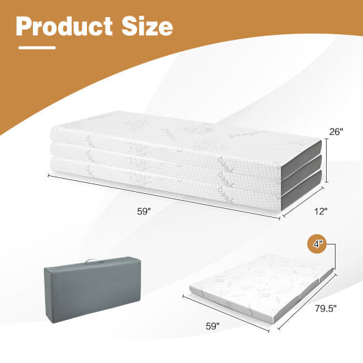 4 Inch Tri-fold Cooling Gel Memory Foam Mattress-Queen Size - Color: White - Size: Queen Size