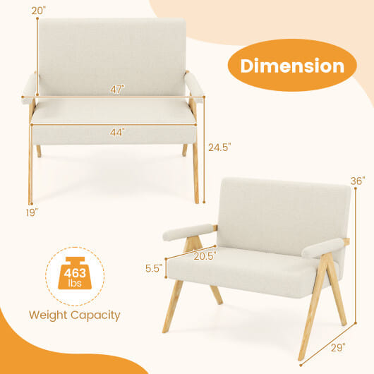 Loveseat Sofa with Armrests and Wooden Legs-Beige - Color: Beige