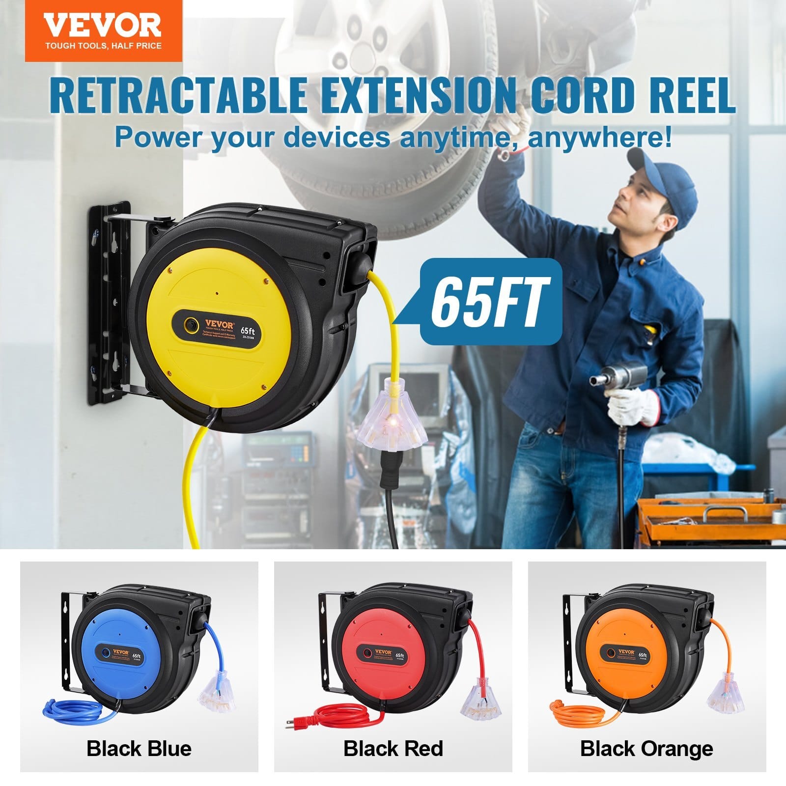 Retractable Extension Cord Reel, 65 FT, Heavy Duty 12AWG/3C SJTOW Retractable Power Cord with Lighted Triple Tap Outlet, 15 Amp Circuit Breaker 180?° Swivel Bracket for Ceiling or Wall Mount