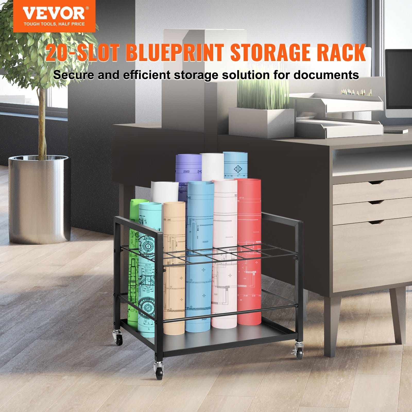 Blueprint Storage Rack, 20 Slots Blueprint Holder with Wheels, Mobile Metal Blueprint Storage Cart for Map Poster Architectural Construction Plan, Roll File Organizer for Home, Office, School