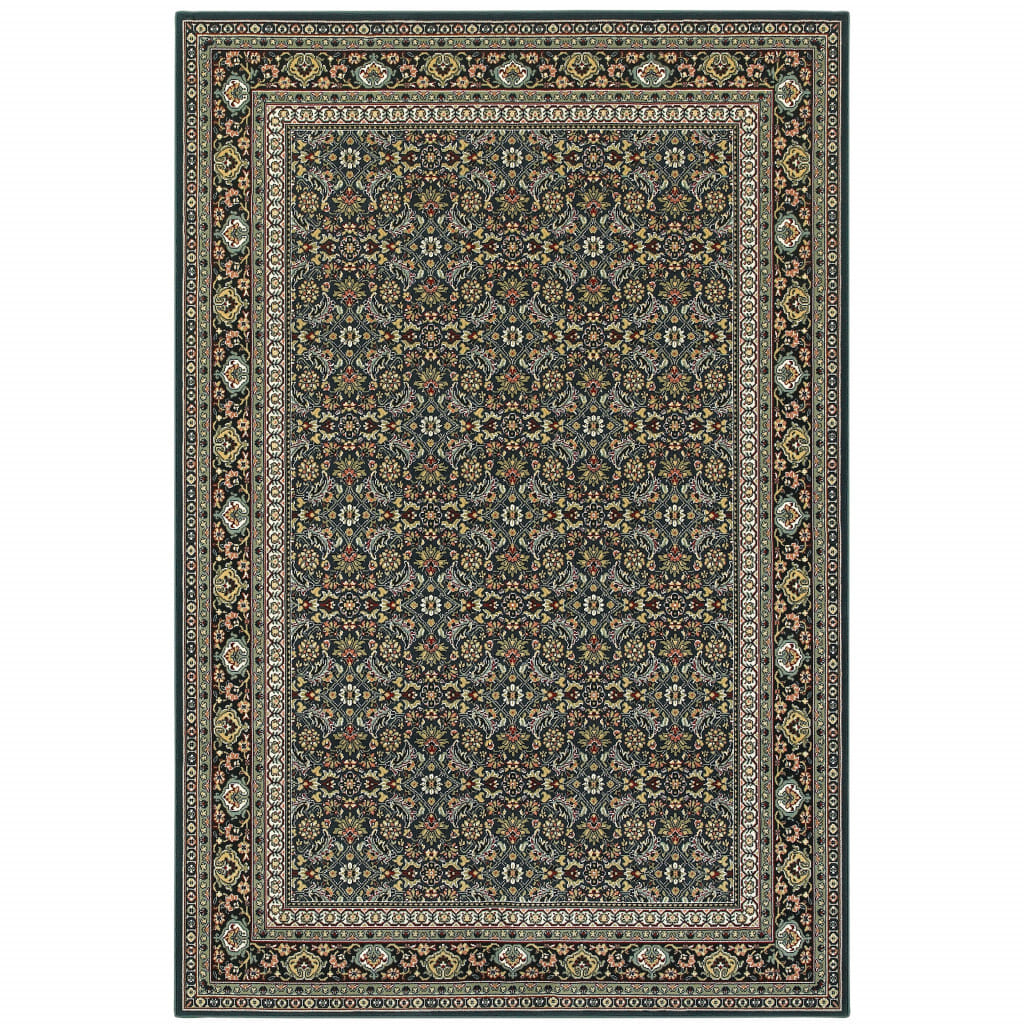 5' X 8' Navy Blue Green Red Ivory And Yellow Oriental Power Loom Stain Resistant Area Rug
