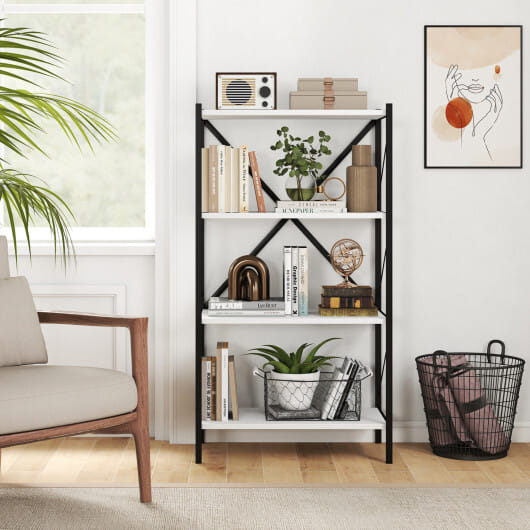 4-Tier Bookshelf with Heavy-Duty Metal Frame-White - Color: White - Size: 4-Tier