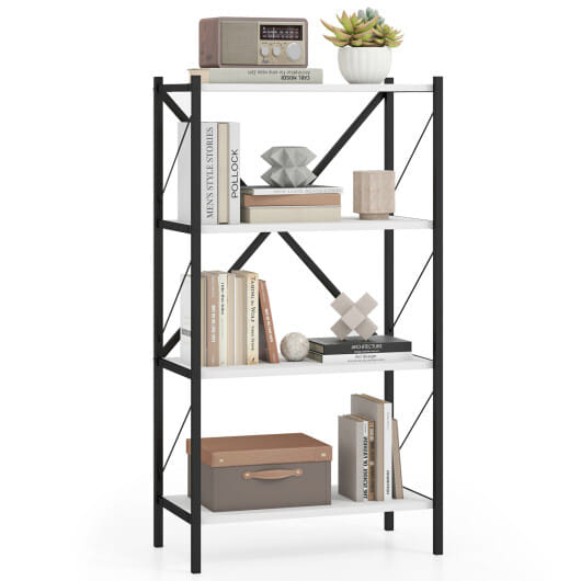 4-Tier Bookshelf with Heavy-Duty Metal Frame-White - Color: White - Size: 4-Tier