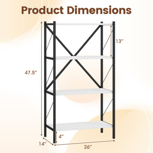 4-Tier Bookshelf with Heavy-Duty Metal Frame-White - Color: White - Size: 4-Tier