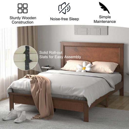 Full Size Platform Slat Bed Frame with High Headboard-Walnut - Color: Walnut - Size: Full Size