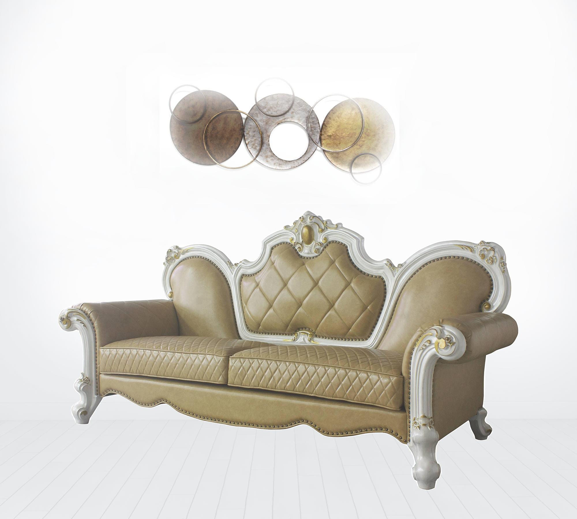 93" Golden Brown Faux Leather Sofa And Toss Pillows With Pearl Legs