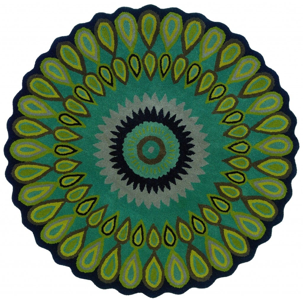3' Round Green Peacock Feather Area Rug