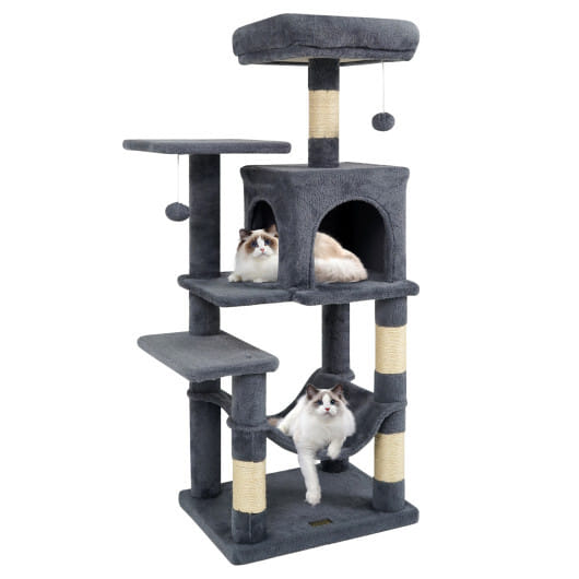 Multi-Level Cat Tower with 2-Door Condo and Padded Top Perch-Gray - Color: Gray