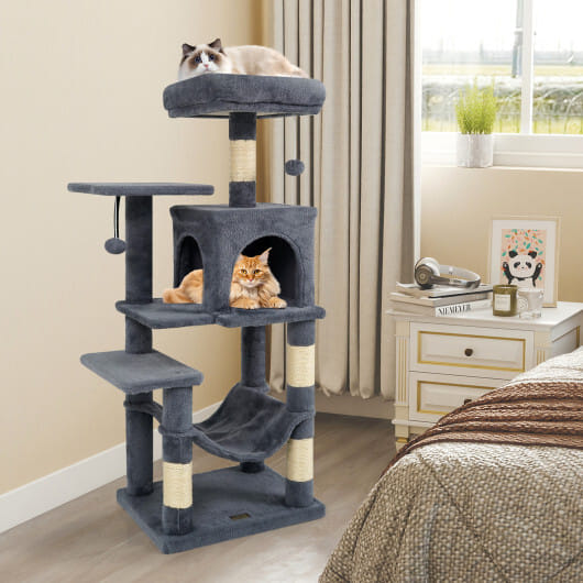 Multi-Level Cat Tower with 2-Door Condo and Padded Top Perch-Gray - Color: Gray
