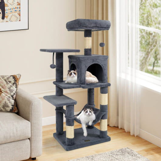 Multi-Level Cat Tower with 2-Door Condo and Padded Top Perch-Gray - Color: Gray