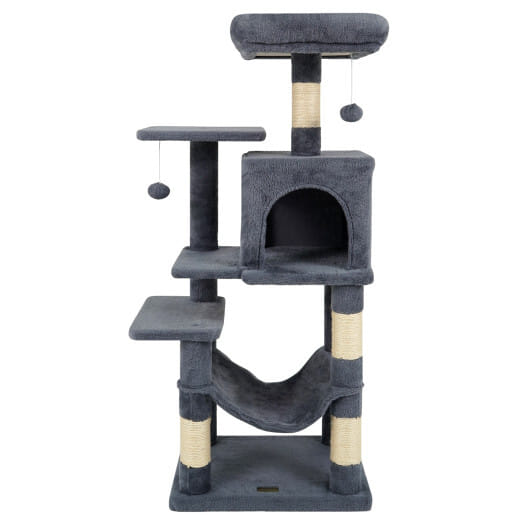 Multi-Level Cat Tower with 2-Door Condo and Padded Top Perch-Gray - Color: Gray