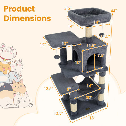 Multi-Level Cat Tower with 2-Door Condo and Padded Top Perch-Gray - Color: Gray