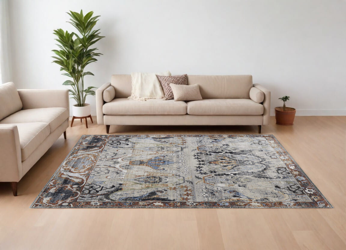 7' X 10' Gray Black and Red Ikat Power Loom Area Rug