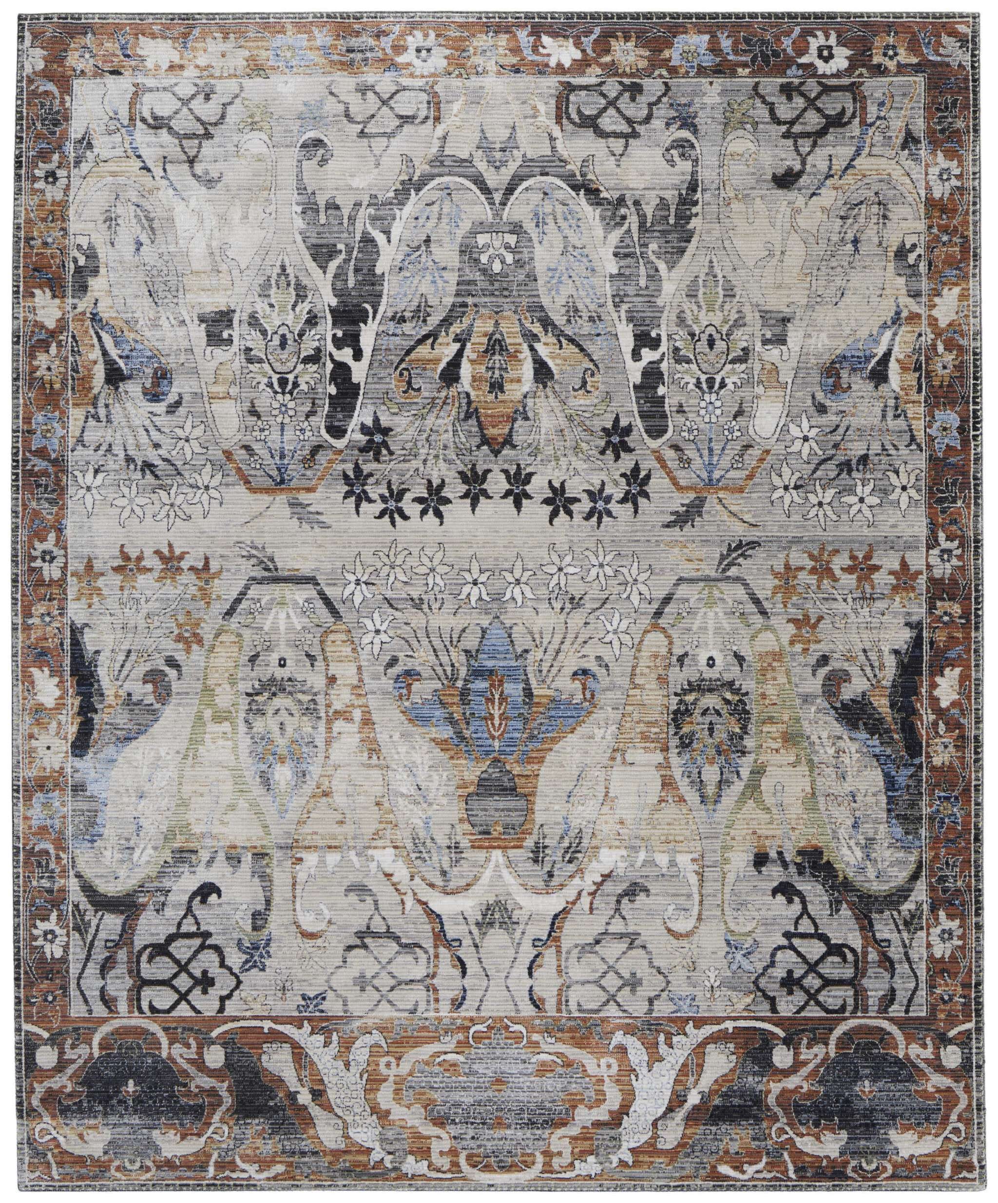 7' X 10' Gray Black and Red Ikat Power Loom Area Rug