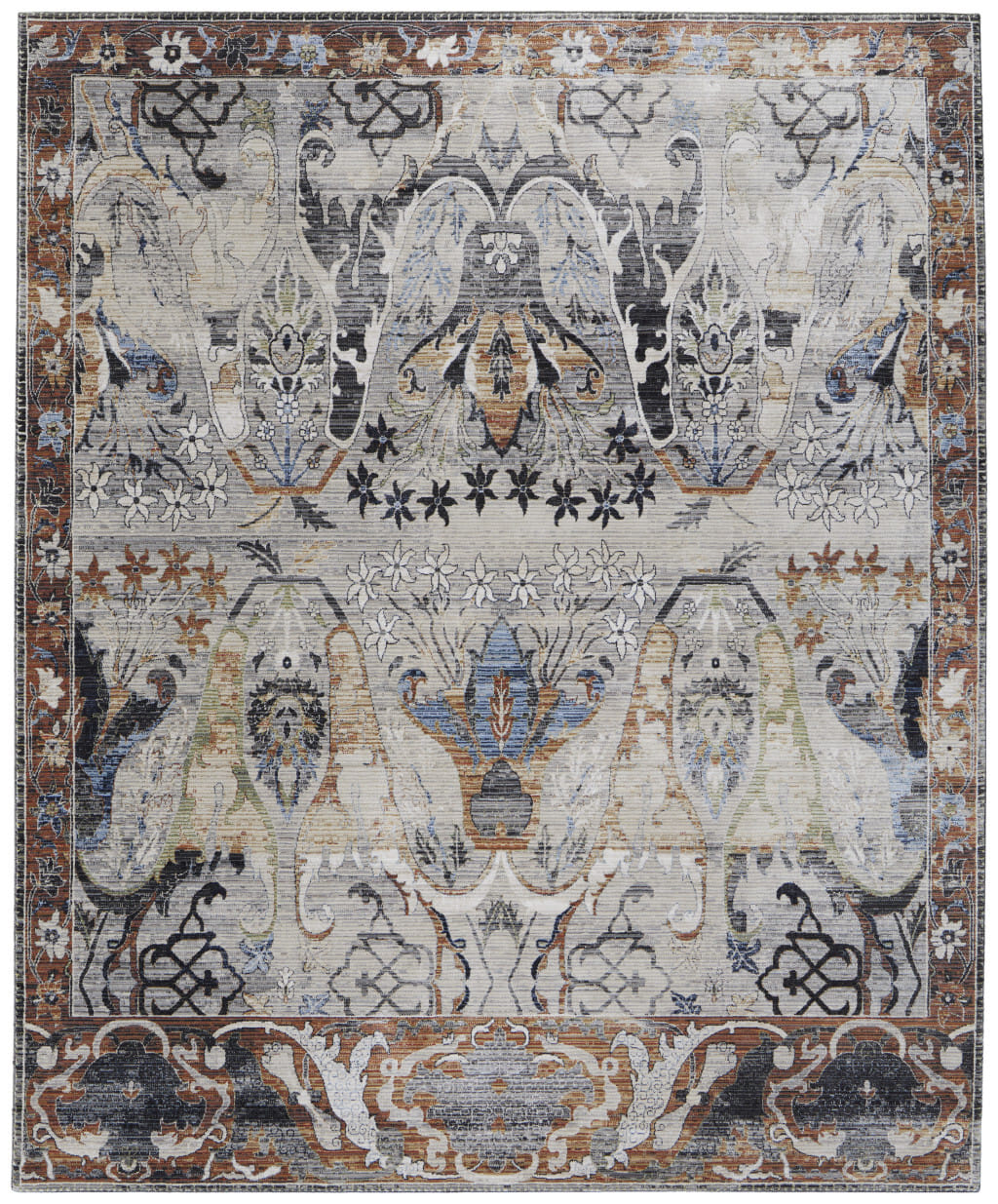 7' X 10' Gray Black and Red Ikat Power Loom Area Rug