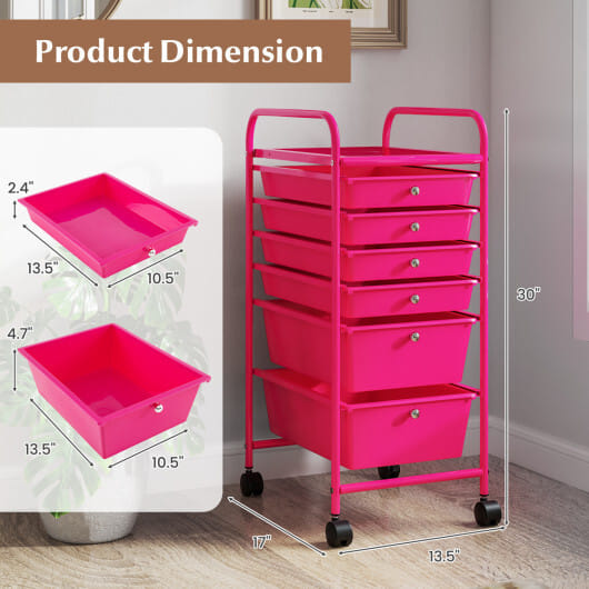 Costway Multifunctional 6 Drawers Rolling Storage Cart Organizer-Rose Red