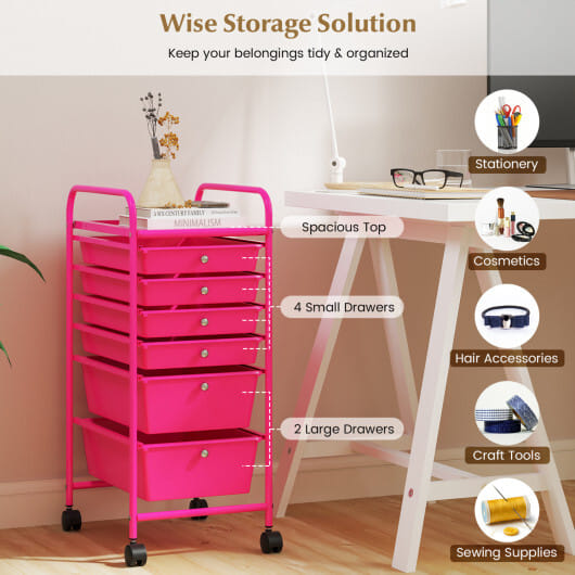 Costway Multifunctional 6 Drawers Rolling Storage Cart Organizer-Rose Red